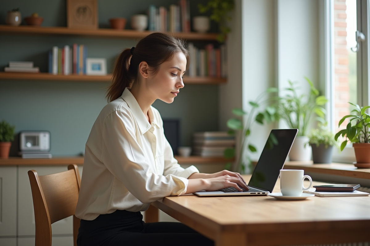 Jeune femme au laptop dans une cuisine lumineuse