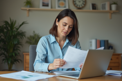 Femme d'âge moyen examine documents financiers dans un bureau