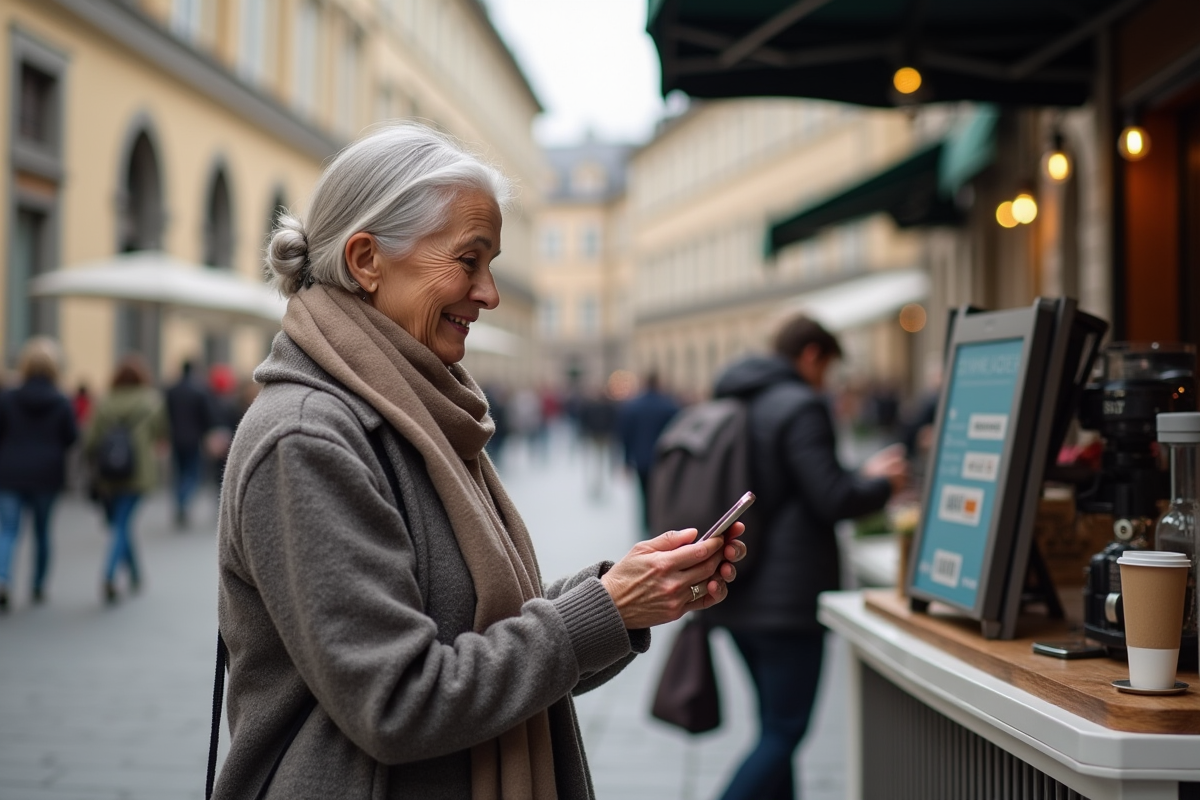 Femme âgée utilisant une application de paiement crypto en extérieur