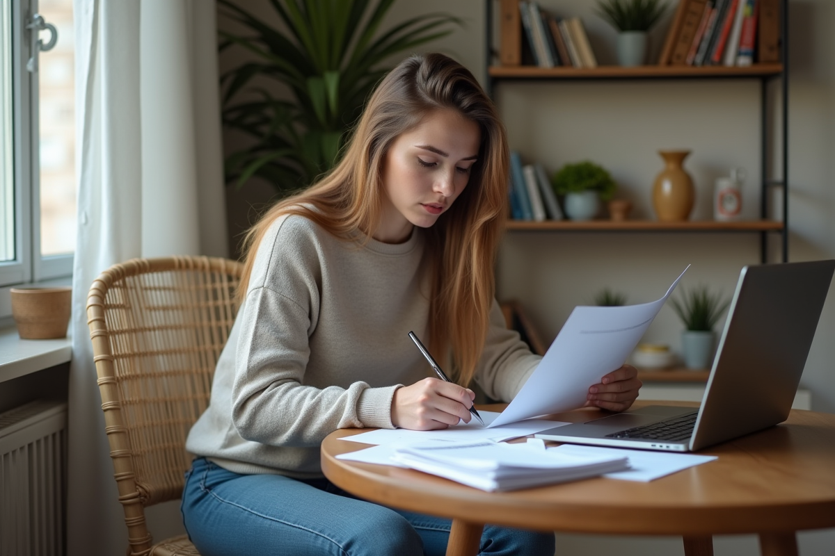 Jeune femme remplissant des papiers dans son appartement
