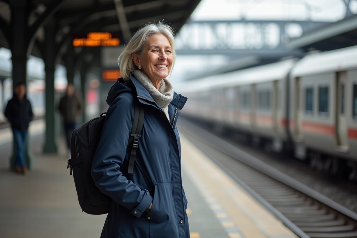 Femme souriante sur la plateforme de train