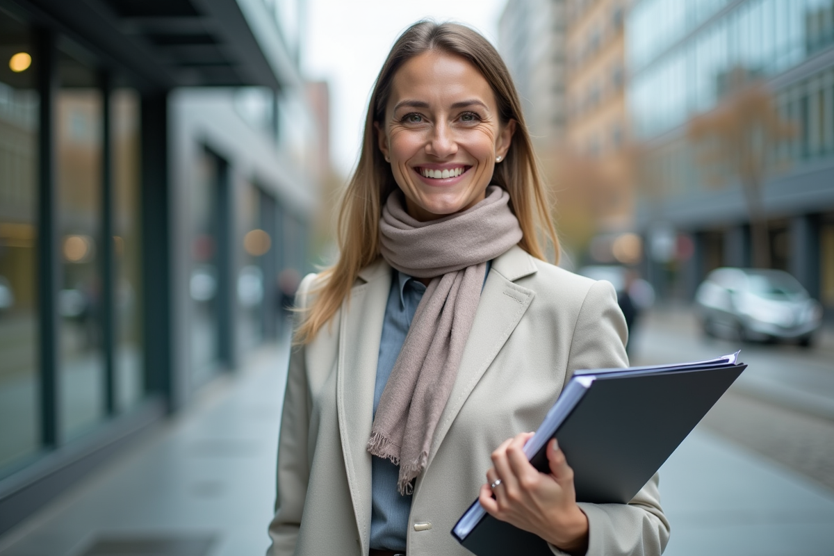 Femme professionnelle souriante devant un bâtiment moderne