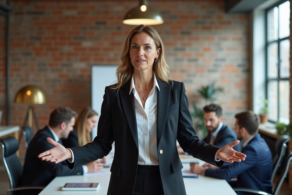 Femme professionnelle en réunion dans un espace de coworking lumineux