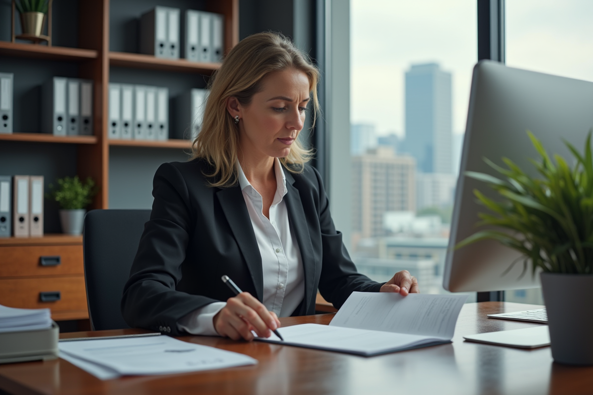 Femme d'âge moyen en costume examinant des documents de retraite