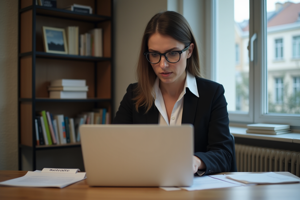 Femme pensant à la retraite dans un bureau modeste