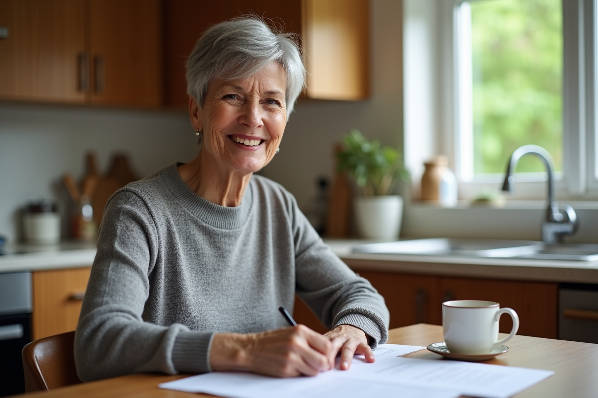 Femme d'environ 60 ans souriante en cuisine avec papiers