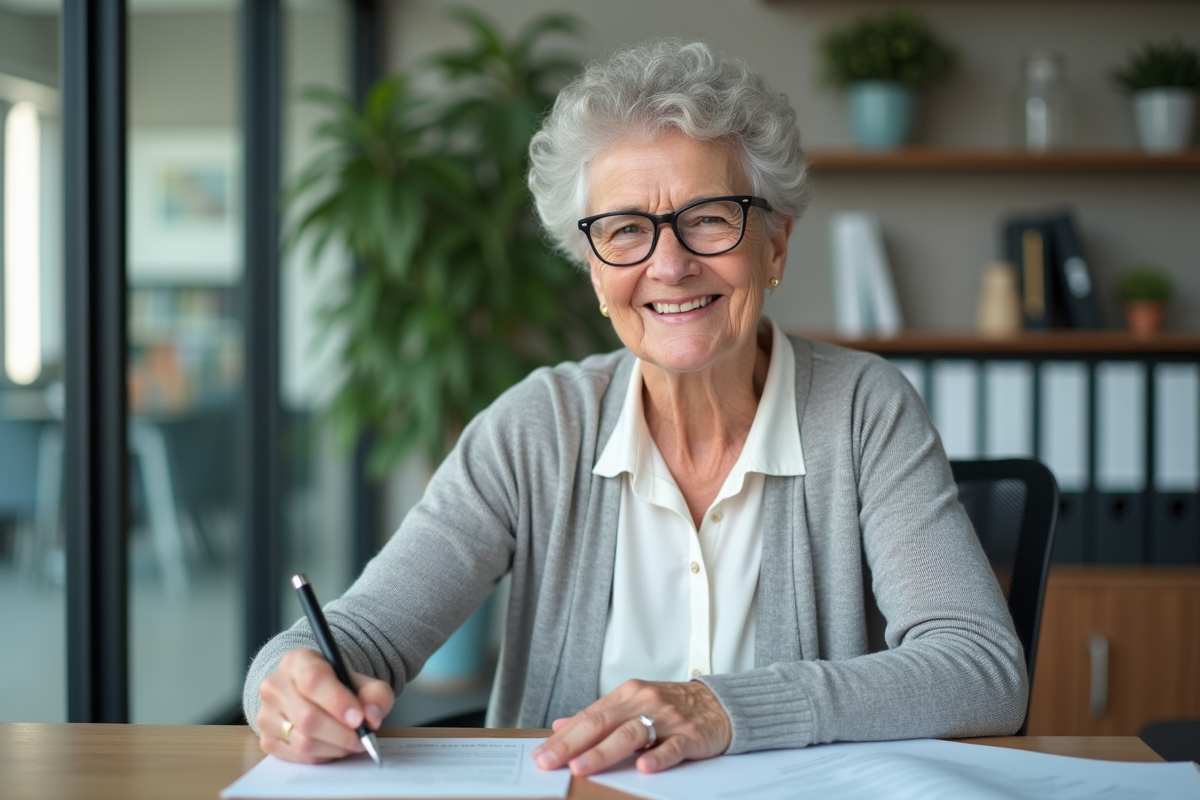 Femme senior souriante signe un document dans un bureau
