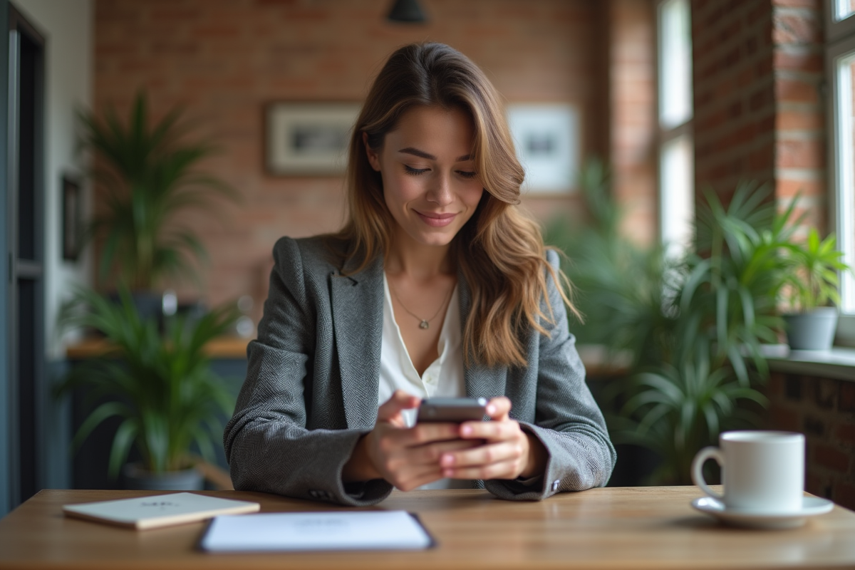 Jeune femme en blazer dans une cuisine lumineuse