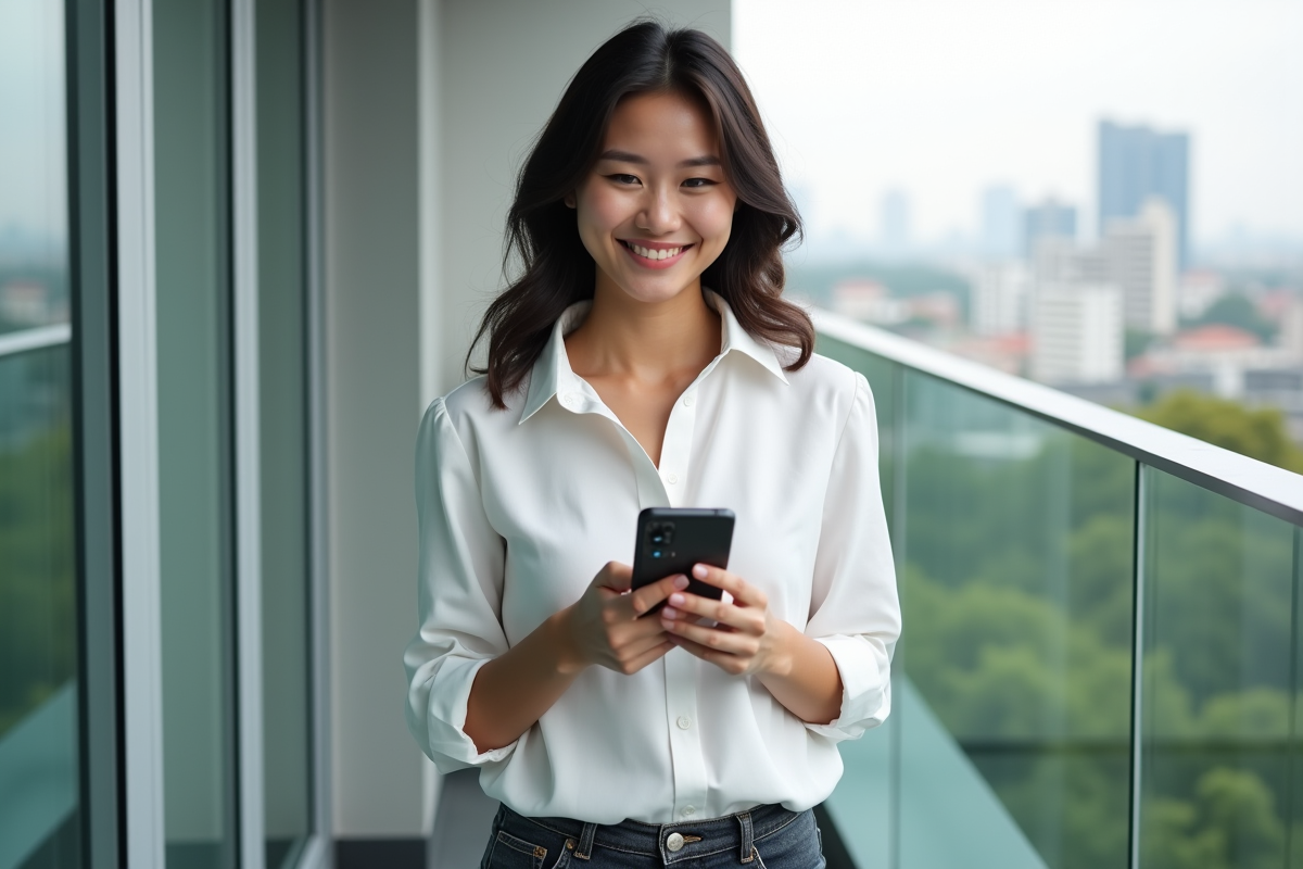 Jeune femme avec smartphone affichant un portefeuille crypto