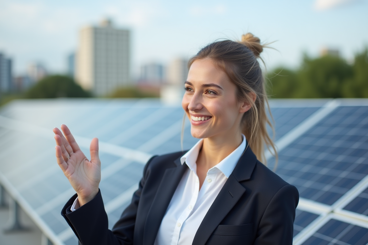 Jeune femme souriante pointant des panneaux solaires sur un toit