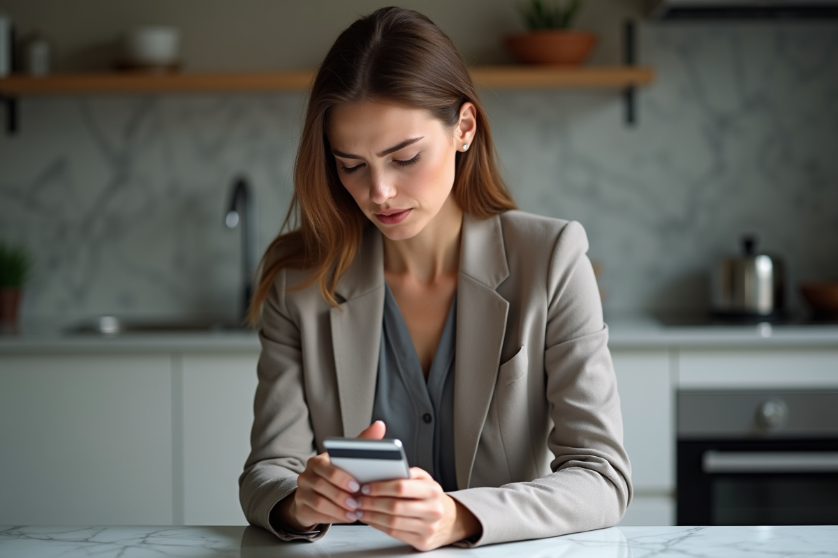 Femme inquiète examine sa carte bancaire et smartphone