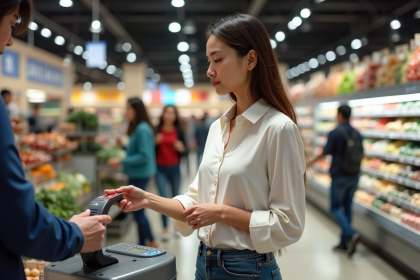 Jeune femme utilisant une carte prépayée au supermarché