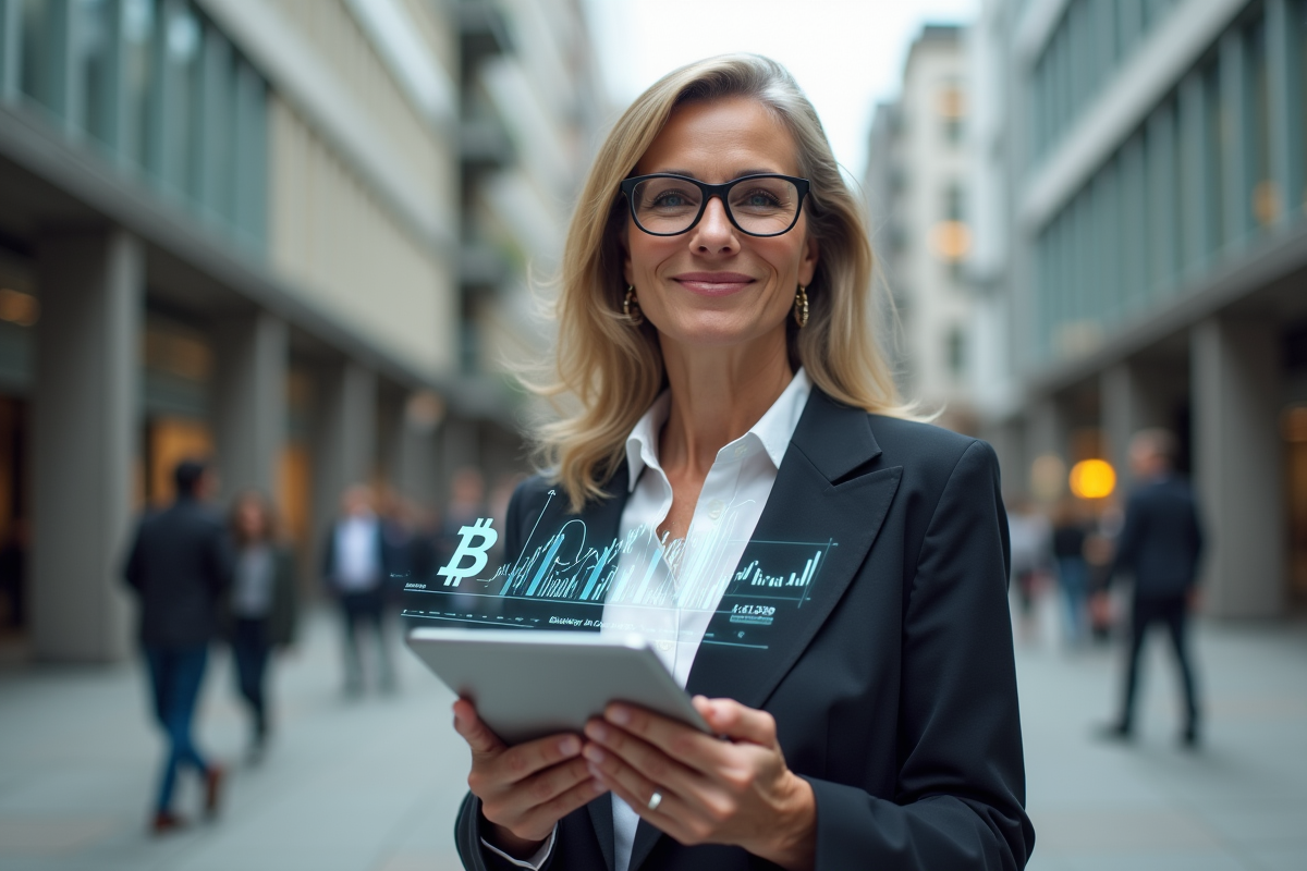 Femme d age mûr tenant une tablette avec symbole bitcoin en ville