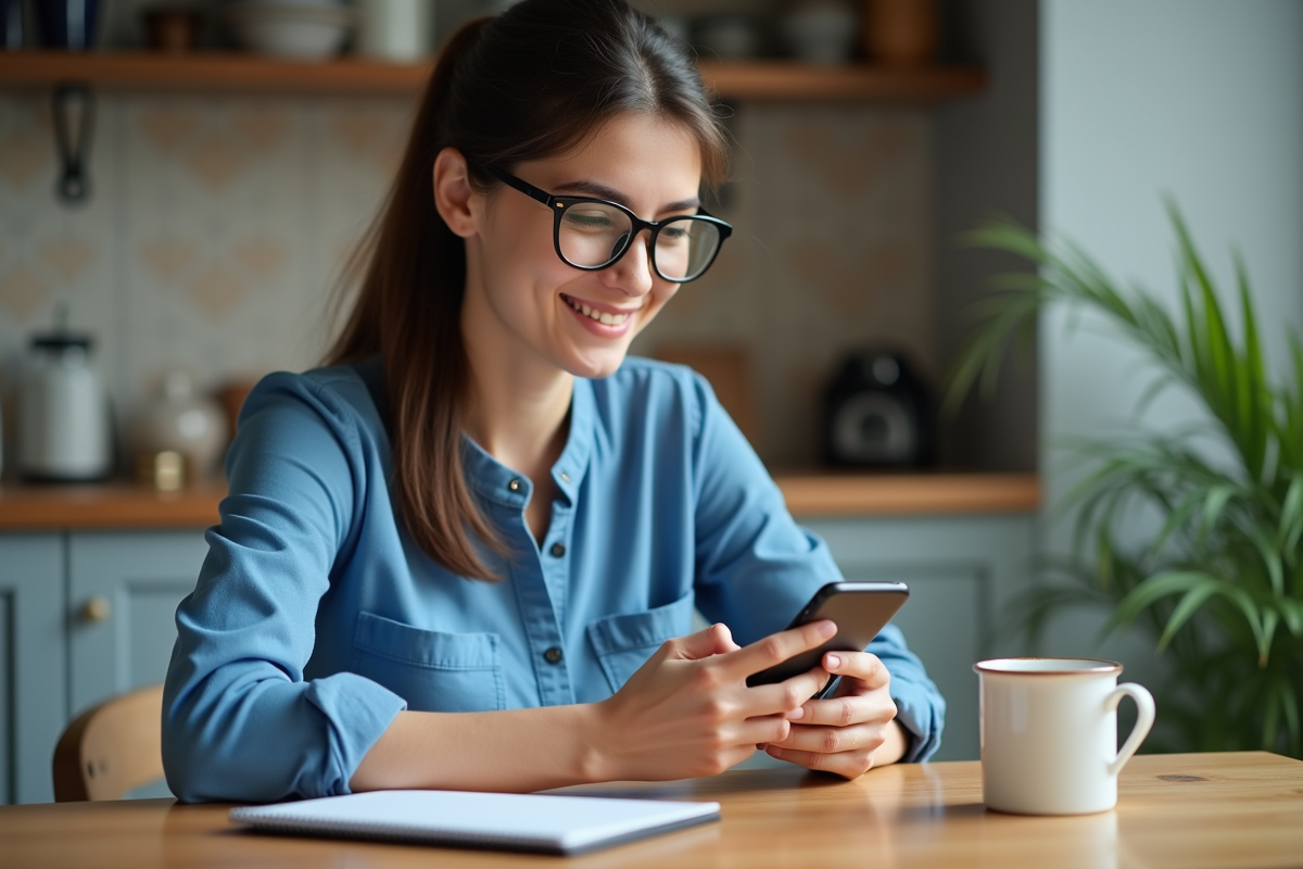 Jeune femme avec smartphone en cuisine cosy