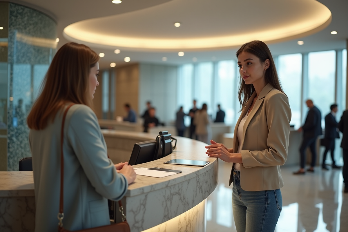 Jeune femme discutant avec un conseiller bancaire au guichet