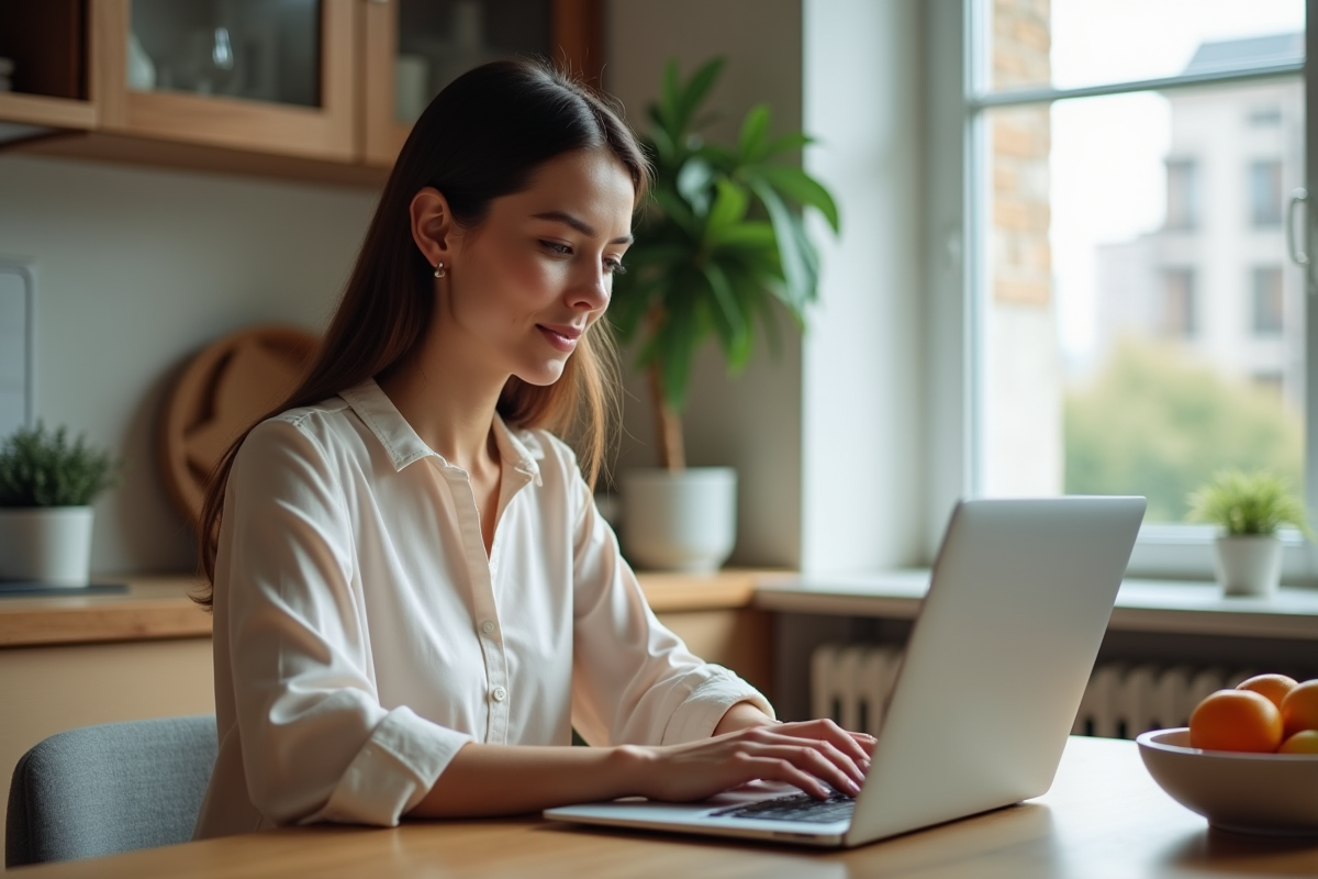 Jeune femme utilisant un ordinateur portable dans sa cuisine à la maison