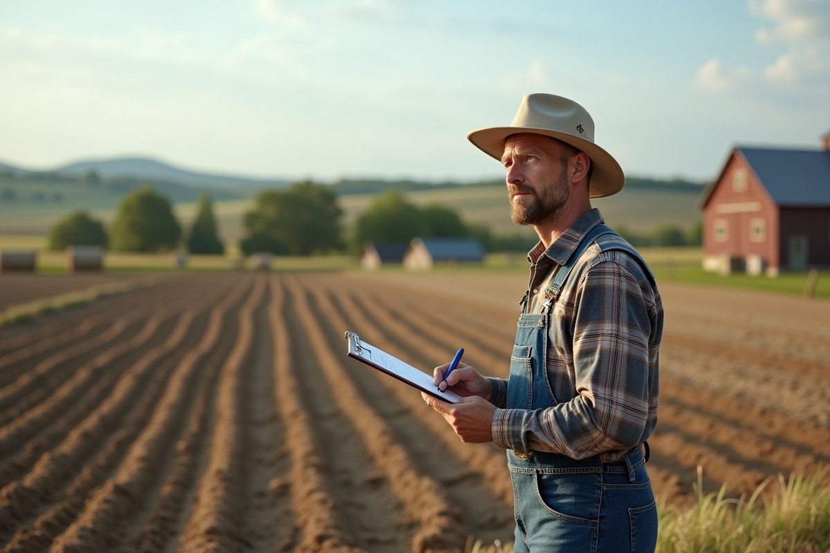 Paysage agricole avec fermier en champs laboures