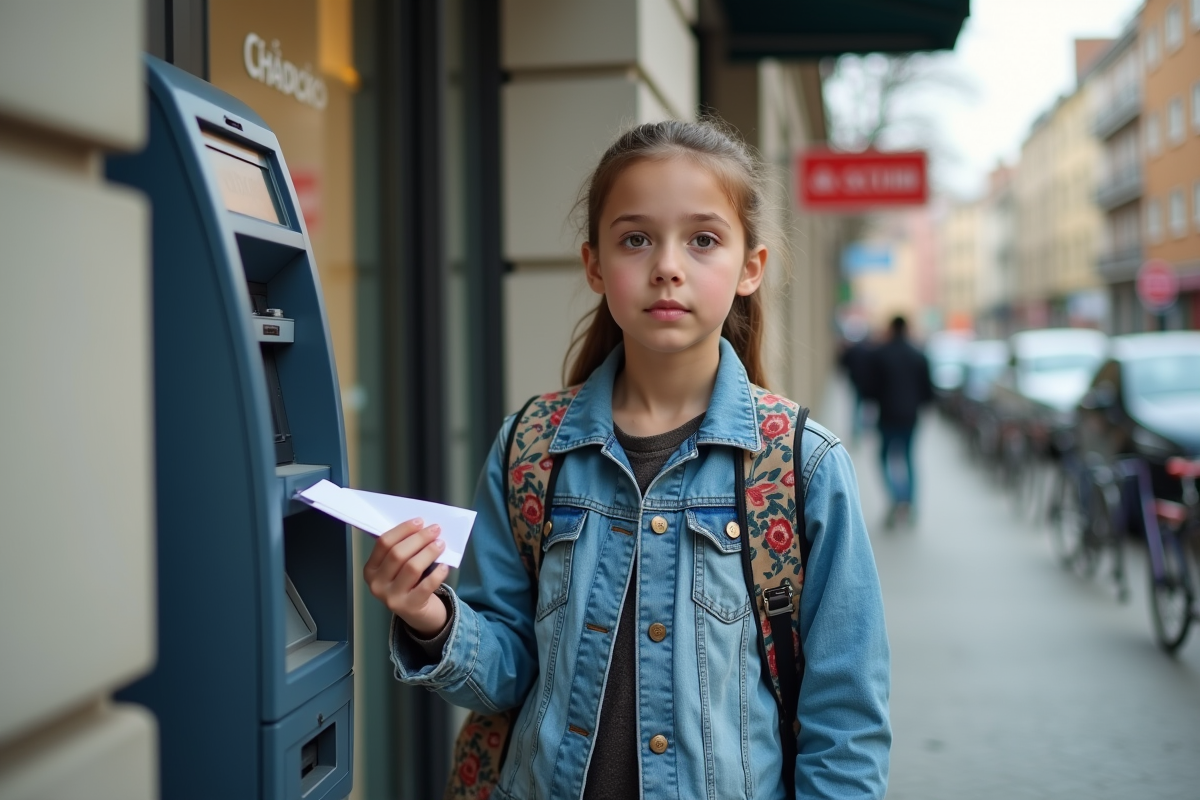 Fille de 12 ans déposant une enveloppe à un distributeur automatique