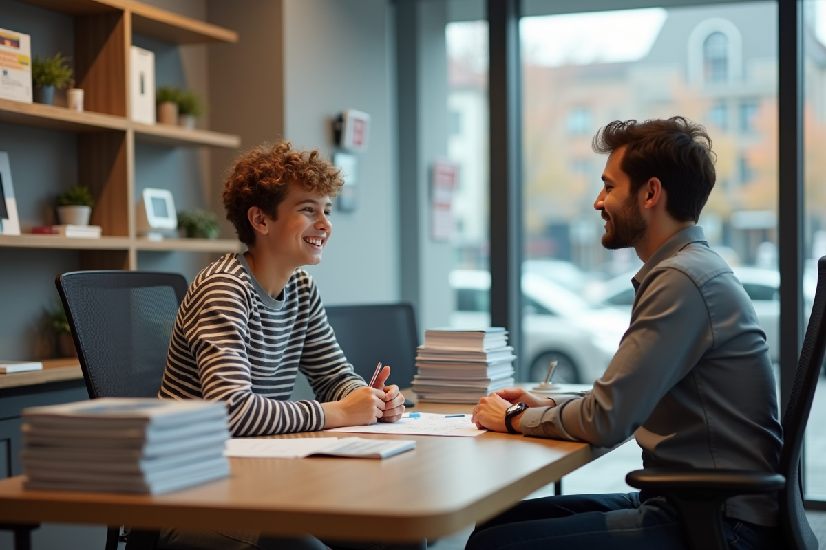 Garçon de 16 ans discute avec un conseiller bancaire dans un bureau
