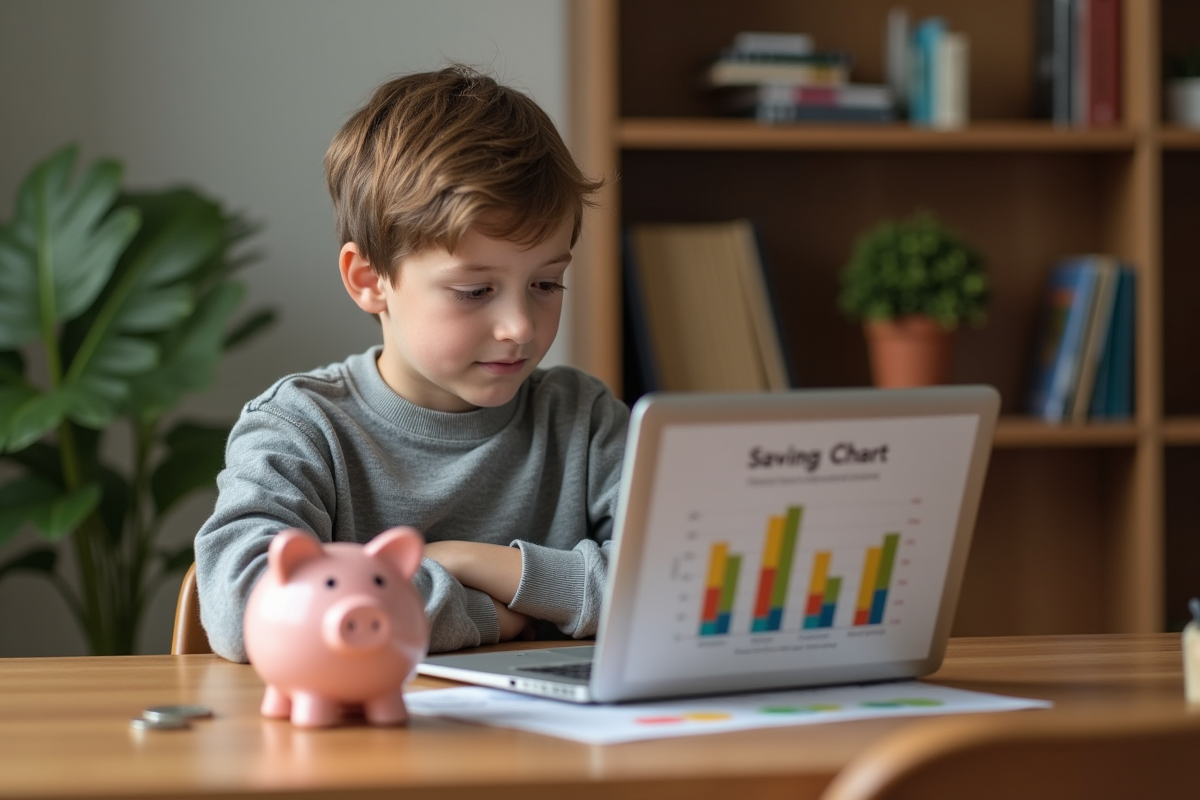 Garçon de 12 ans regardant un graphique d'épargne sur un ordinateur