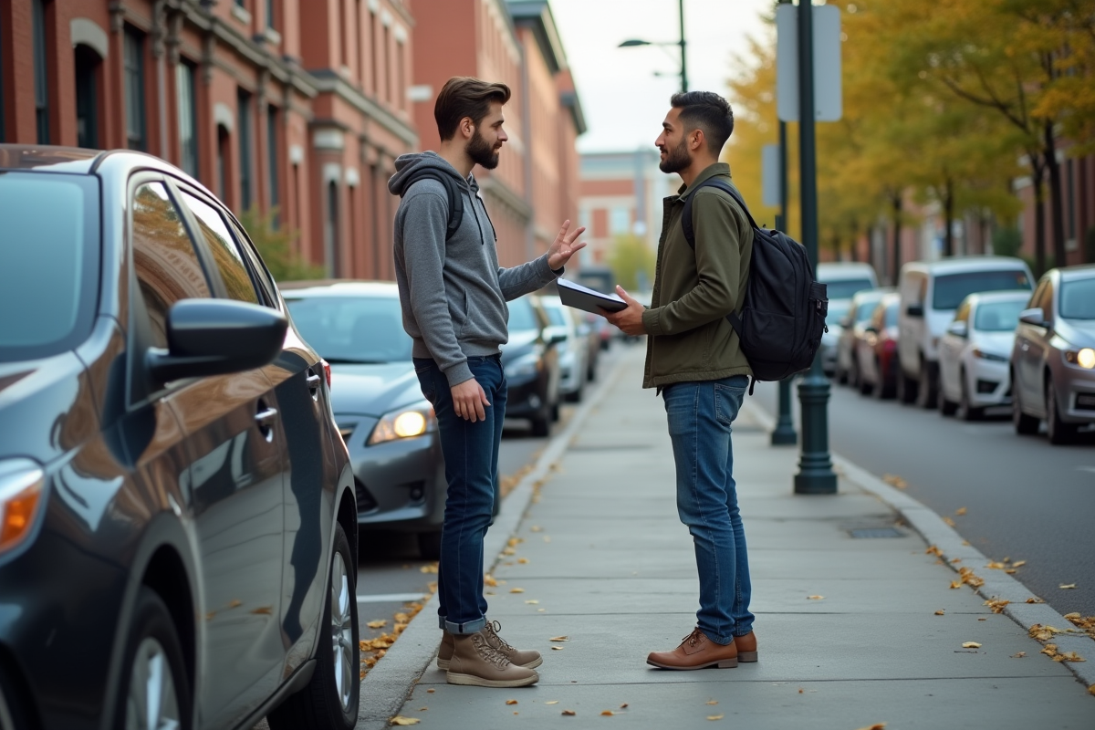 Jeune homme montrant des dégâts de voiture à un expert en assurance