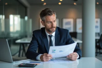 Homme d'affaires en costume analysant des rapports financiers