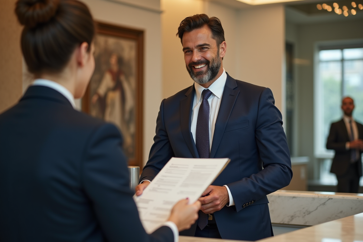 Homme d'affaires en costume dans une banque élégante