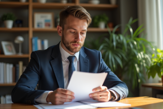 Homme en costume dans un bureau moderne examine des papiers d'assurance