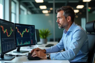 Homme d'affaires concentré devant deux écrans de crypto