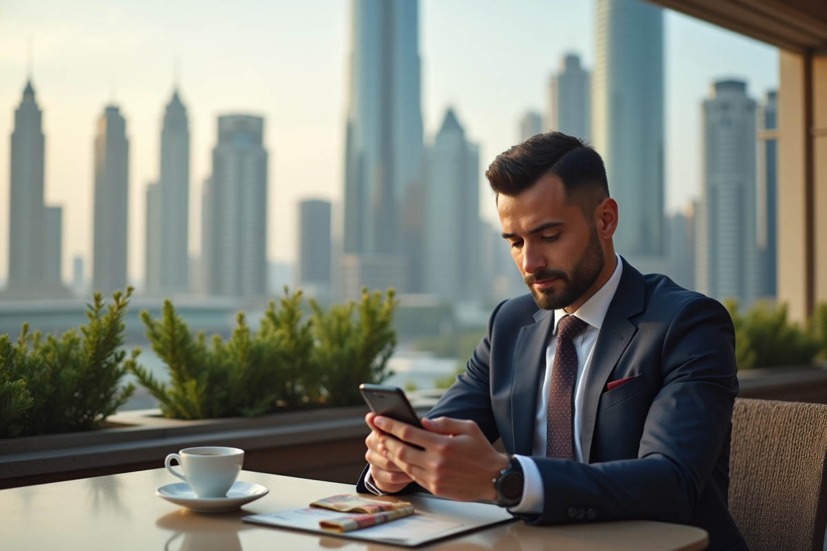 Homme d'affaires en costume à Dubai au café