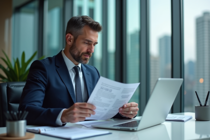 Homme d'affaires en costume navy lisant des rapports financiers