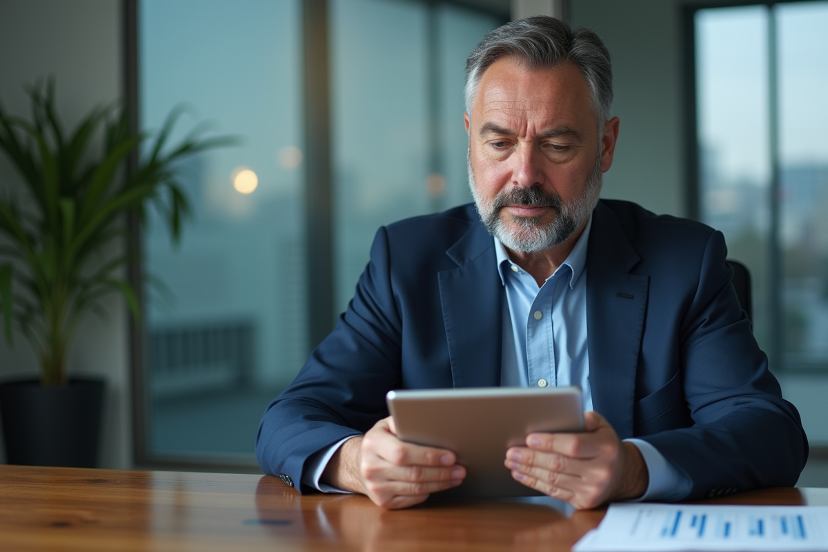 Homme d'affaires en costume bleu analysant des graphiques financiers