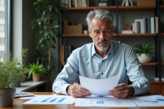 Homme d'affaires en intérieur lisant des documents