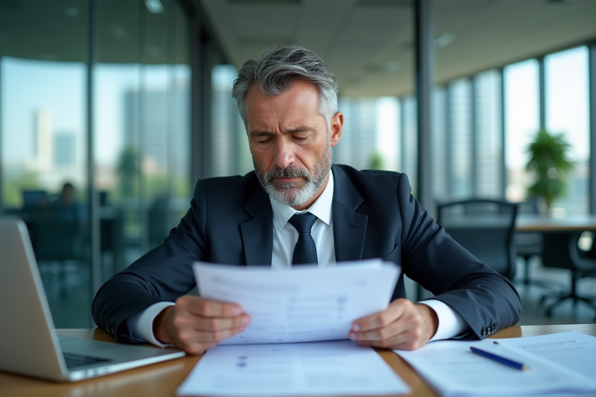 Homme d'affaires en costume examine des documents importants