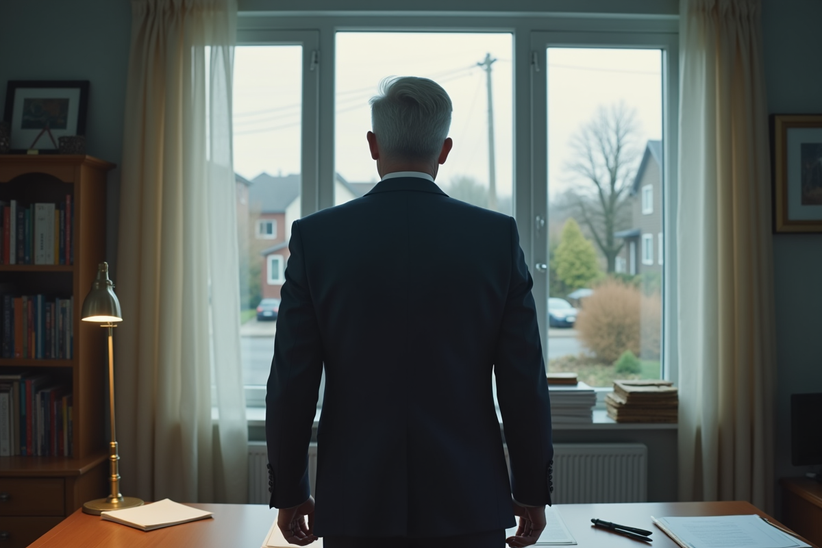 Homme d'affaires contemplatif dans un bureau modeste