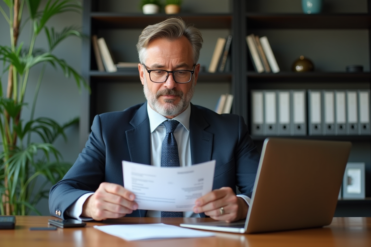 Homme d'affaires examine un relevé bancaire au bureau