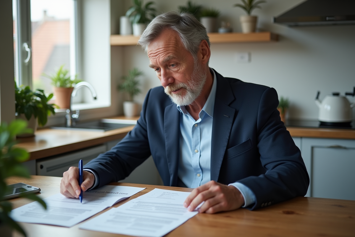 Homme d'affaires en costume bleu examine des documents