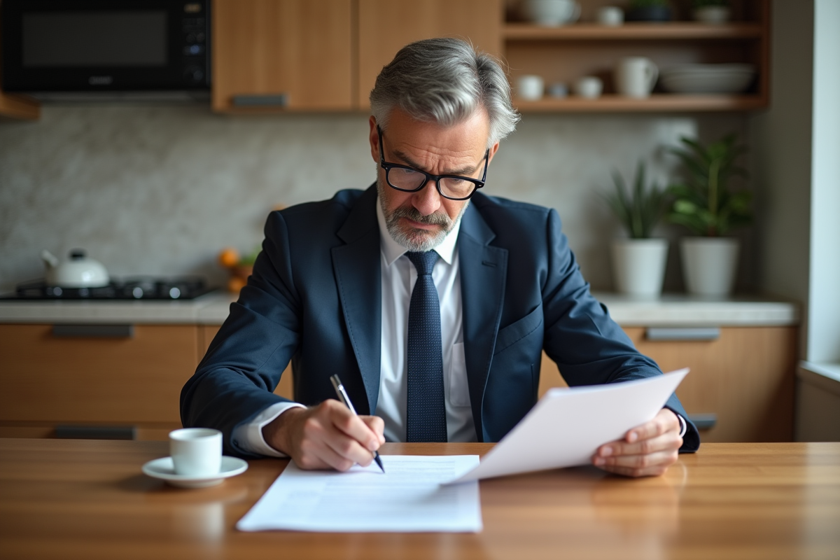 Homme d'affaires signant des documents dans une cuisine moderne