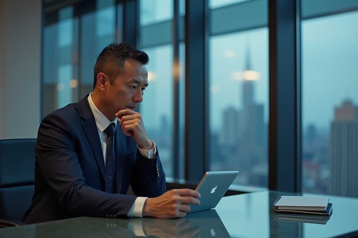 Homme d'affaires en costume regardant une tablette en ville