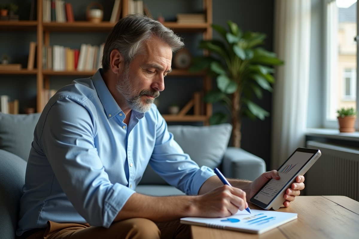 Homme d âge moyen analyse des graphiques sur une tablette dans son salon