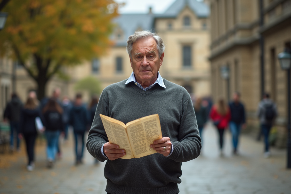 Homme étudiant ses anciens diplômes sur un campus universitaire