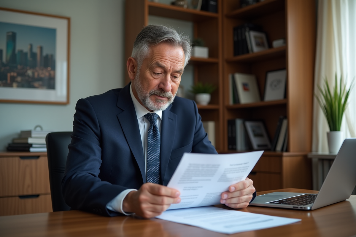 Homme d'âge moyen en costume lisant des documents d'assurance vie