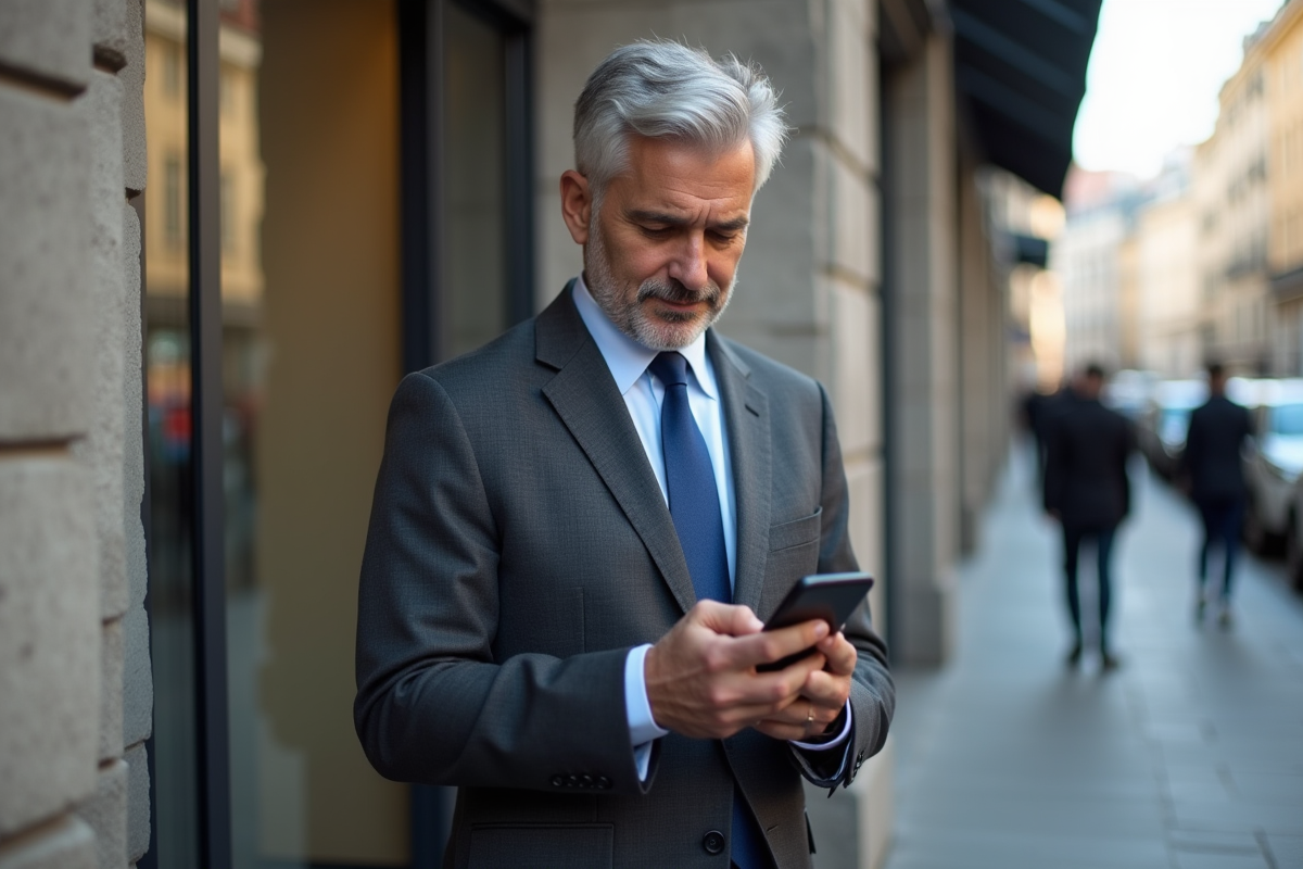 Homme d age checkant ses infos bancaires avec smartphone