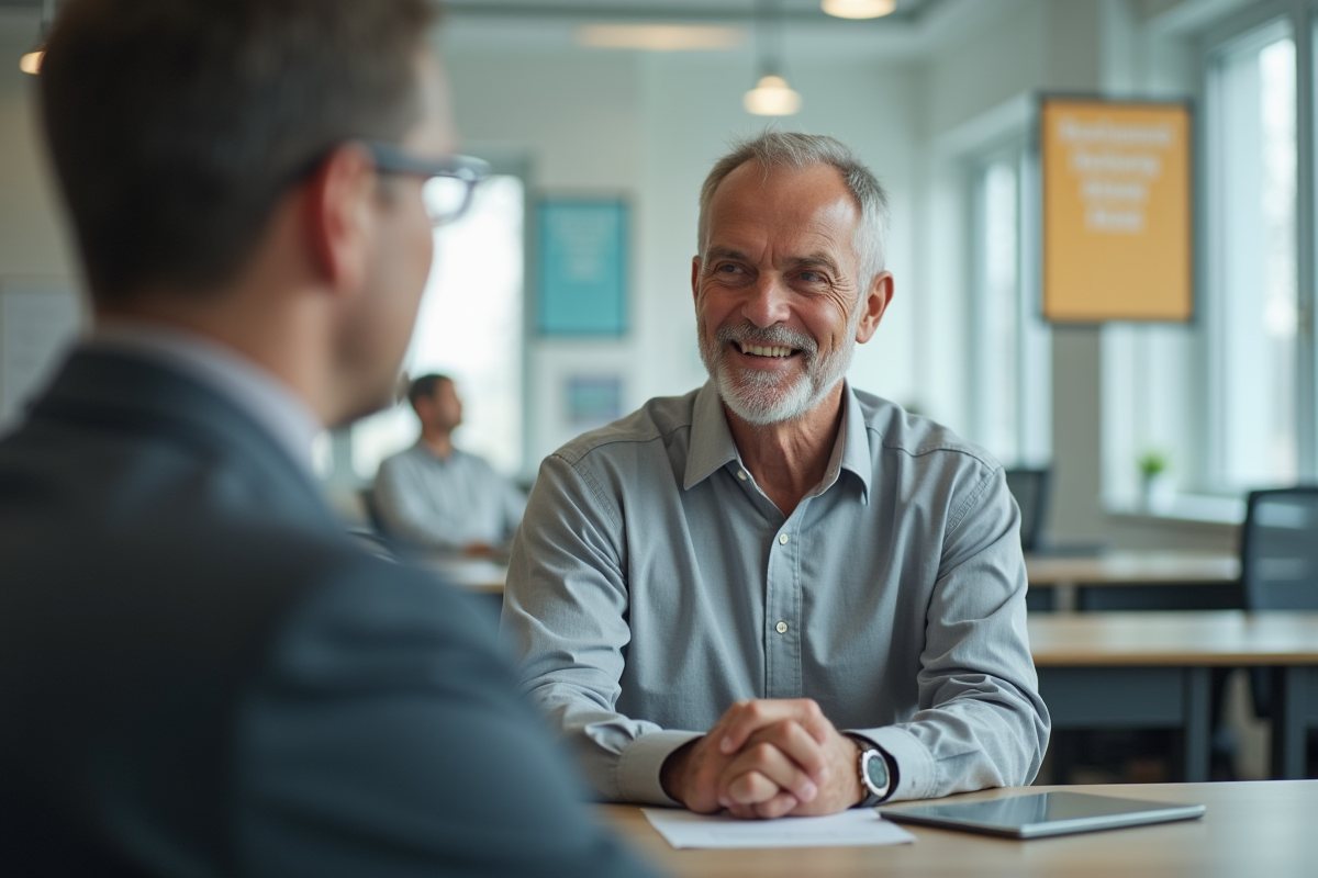 Homme discutant avec un conseiller dans un bureau moderne