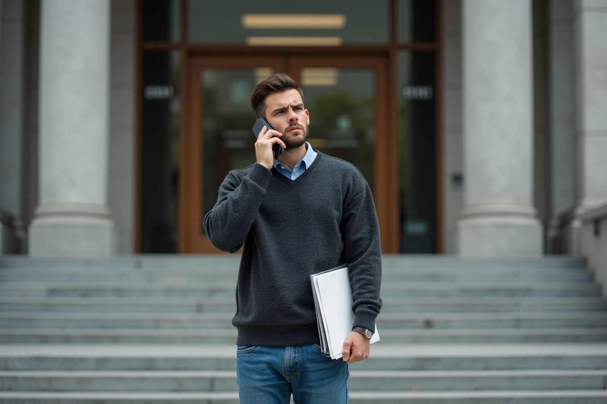 Jeune homme au téléphone devant un tribunal moderne