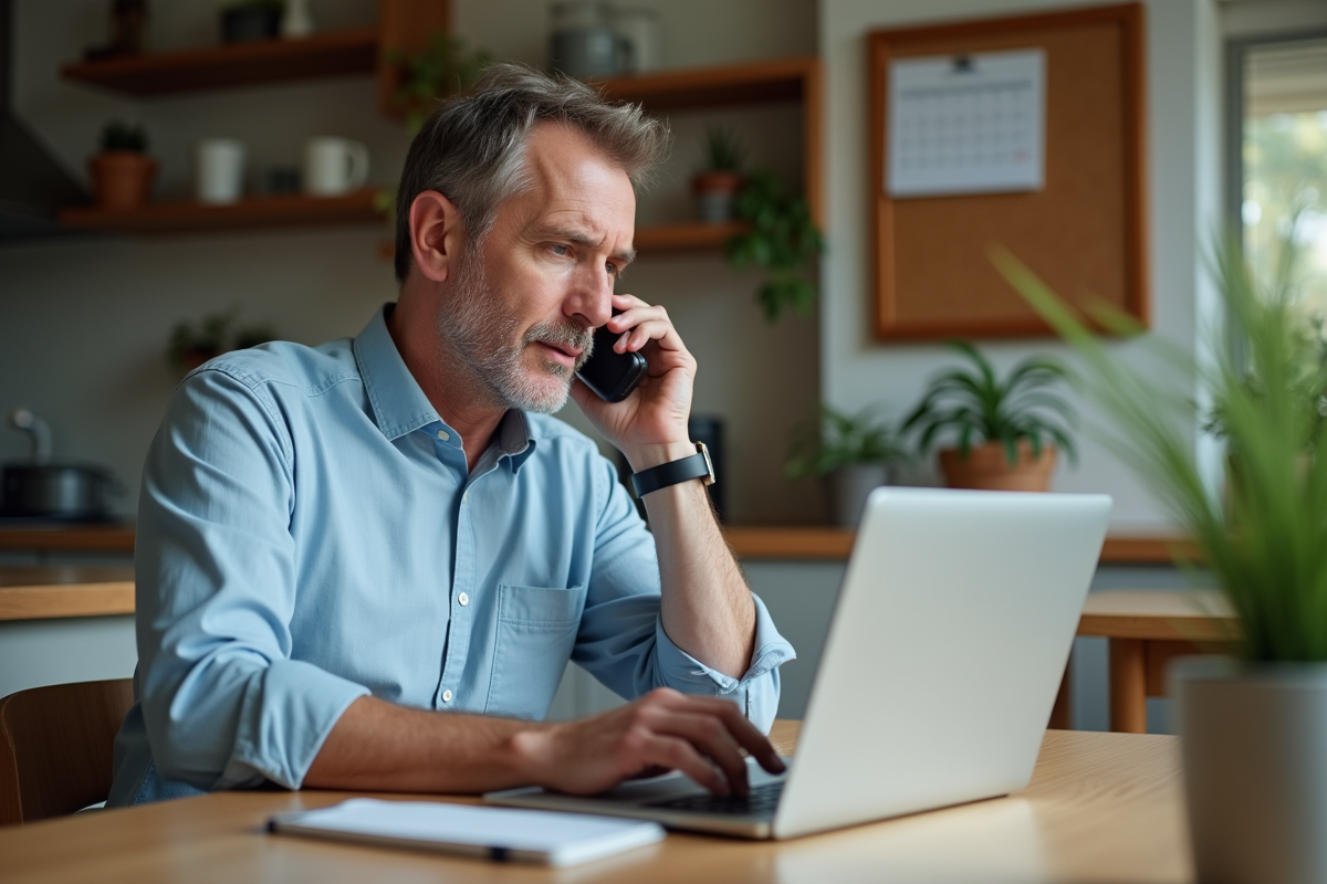 Homme d âge moyen parlant au téléphone à la maison