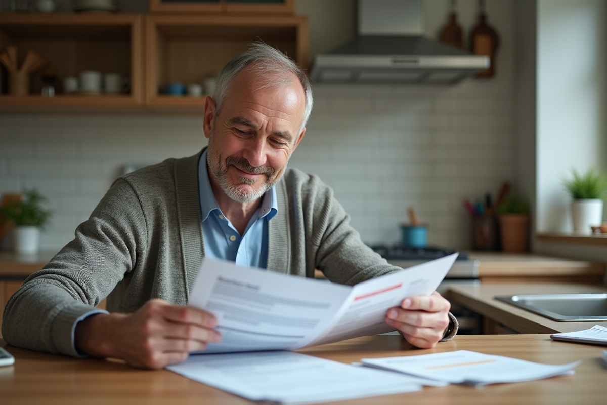 Homme à la maison analysant des documents de prêt