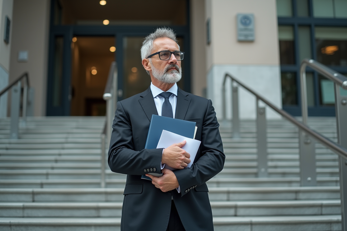 Homme d'affaires avec documents devant bâtiment officiel