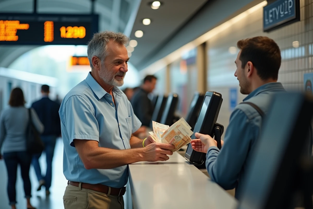Homme échangeant des billets à la gare européenne