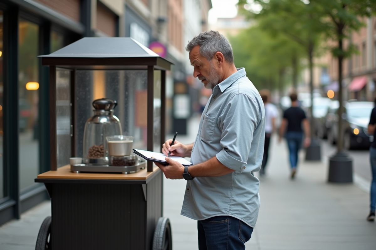 Homme d age moyen notant des informations à côté d un stand de café en ville